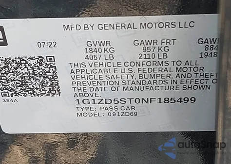 2022 Chevrolet Malibu Fwd Lt z USA, uszkodzony, nr VIN 1G1ZD5ST0NF185499